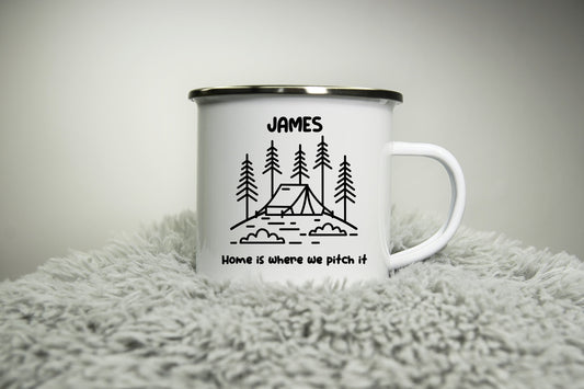Personalised Camping Mug - Home is where we pitch it 12oz Camping Mug Enamel Glamping Travel Gift Adventure Outdoors explore gift mom dad